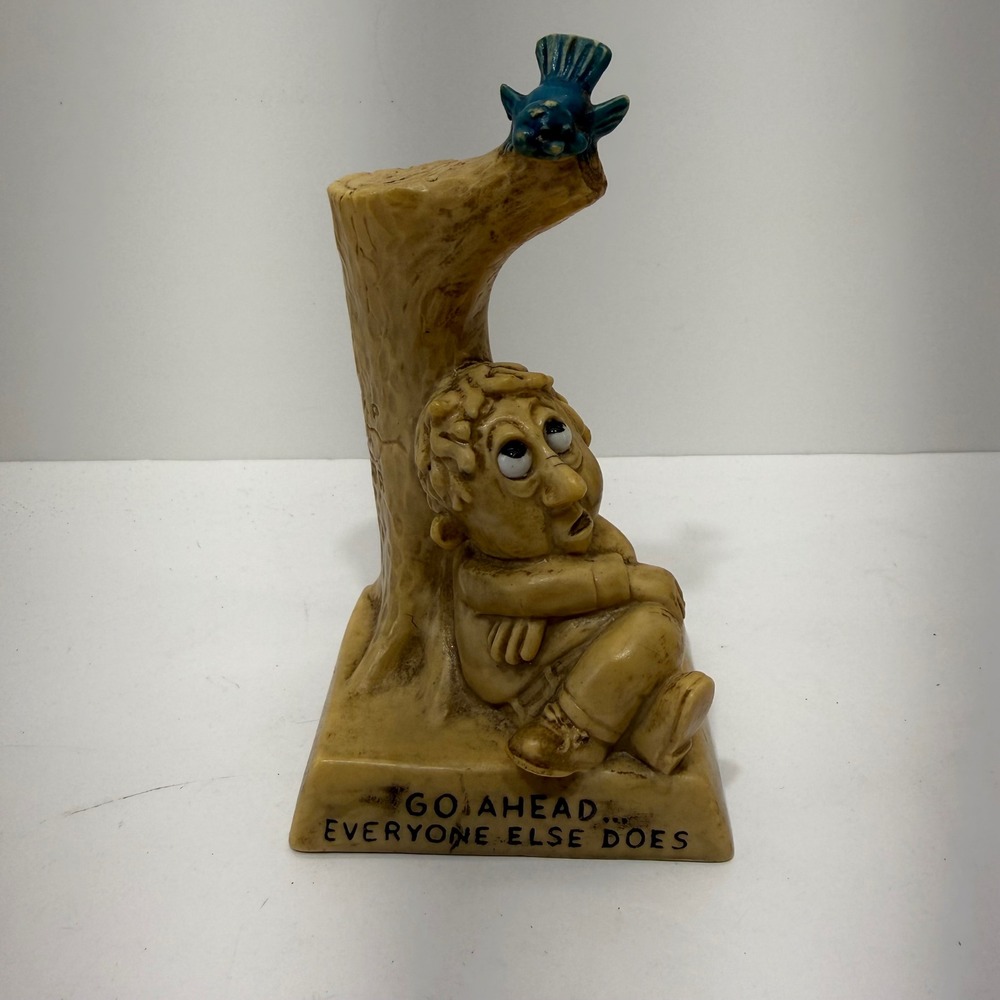 Vintage Resin Figurine Go Ahead Everyone Else Does Man Bird Tree Novelty Statue